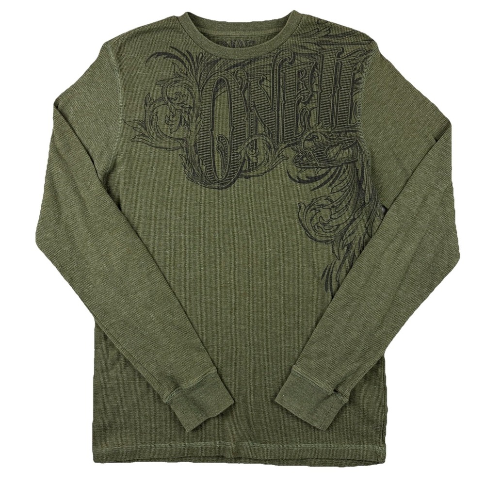 O'Neill Shirt Mens Large Green Graphic Thermal Waffle Knit Skater Surf Y2K